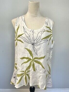 Habitat 100% Green/white  Linen Women’s Sleeveless Blouse Size L. Coastal Chic.